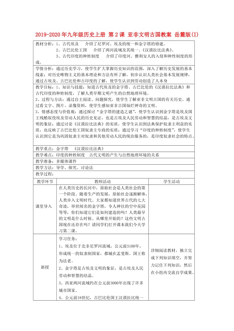 2019-2020年九年级历史上册 第2课 亚非文明古国教案 岳麓版(I).doc_第1页