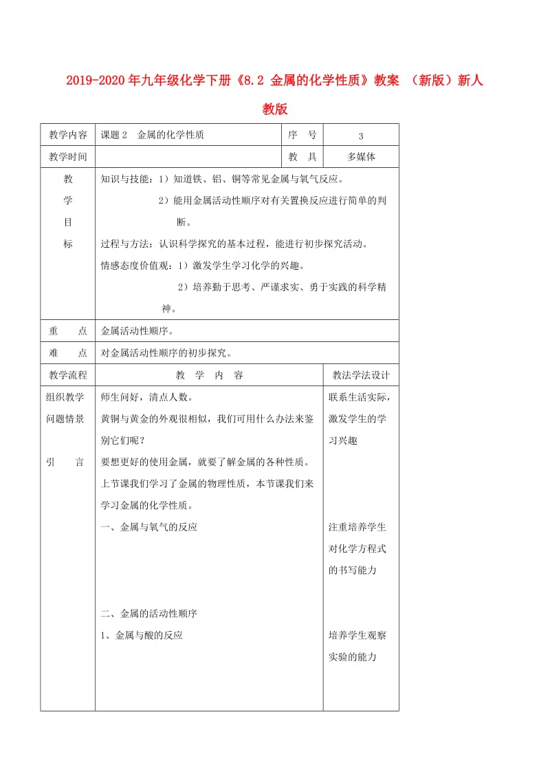 2019-2020年九年级化学下册《8.2 金属的化学性质》教案 （新版）新人教版.doc_第1页