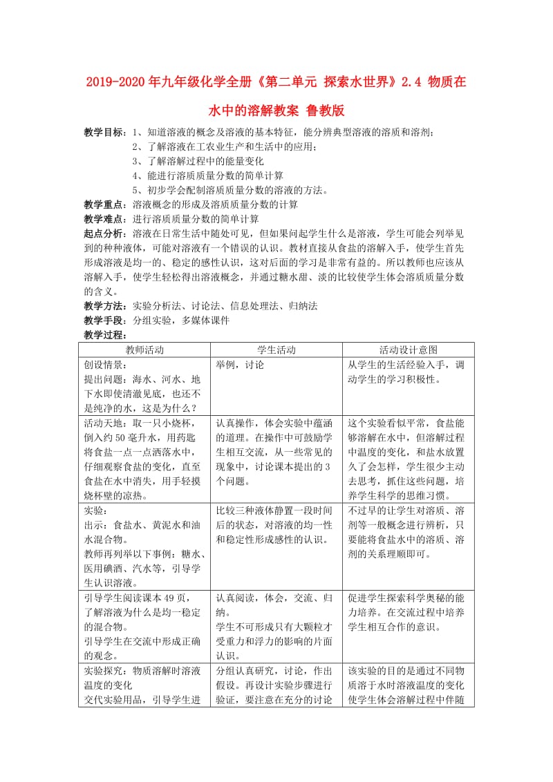 2019-2020年九年级化学全册《第二单元 探索水世界》2.4 物质在水中的溶解教案 鲁教版.doc_第1页