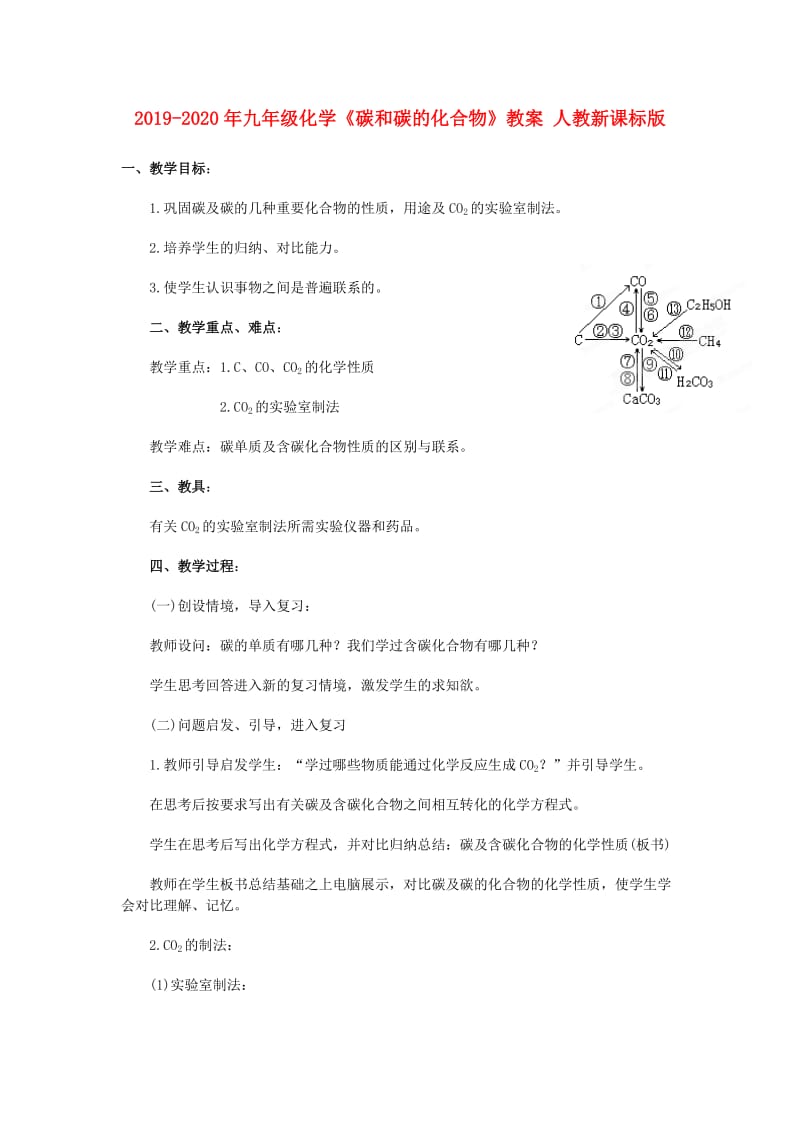 2019-2020年九年级化学《碳和碳的化合物》教案 人教新课标版.doc_第1页