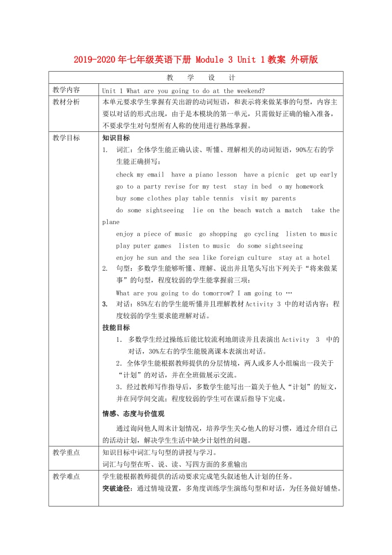 2019-2020年七年级英语下册 Module 3 Unit 1教案 外研版.doc_第1页