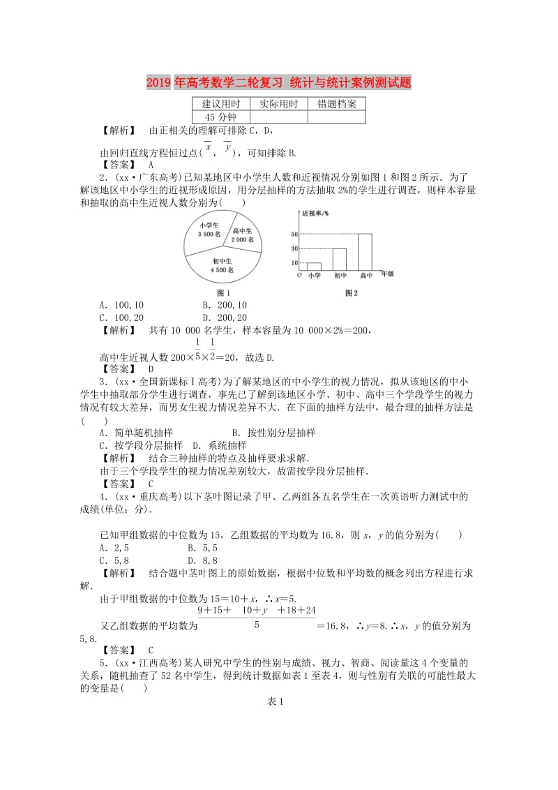 2019年高考数学二轮复习 统计与统计案例测试题.doc_第1页