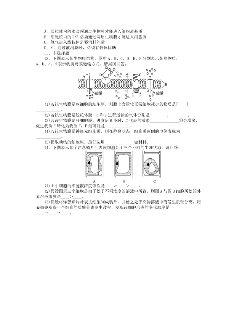 2019年高考生物总复习 第4章 细胞的物质输入和输出课时检测 新人教版必修1.doc_第3页