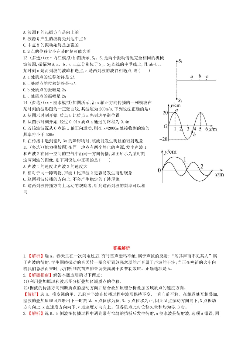 2019年高考物理一轮复习 第十一章 第3讲波的干涉、衍射多普勒效应课时提升作业 教科版选修3-4.doc_第3页