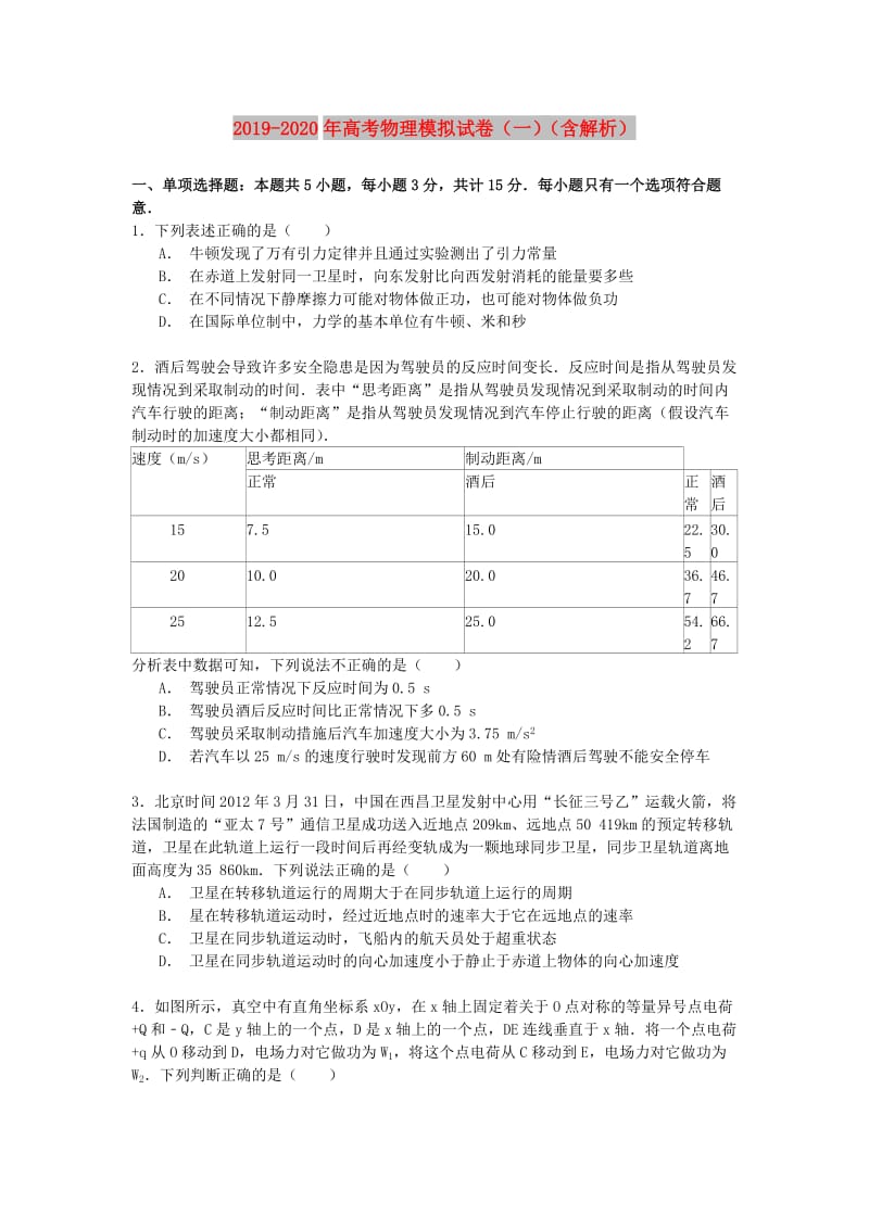 2019-2020年高考物理模拟试卷（一）（含解析）.doc_第1页