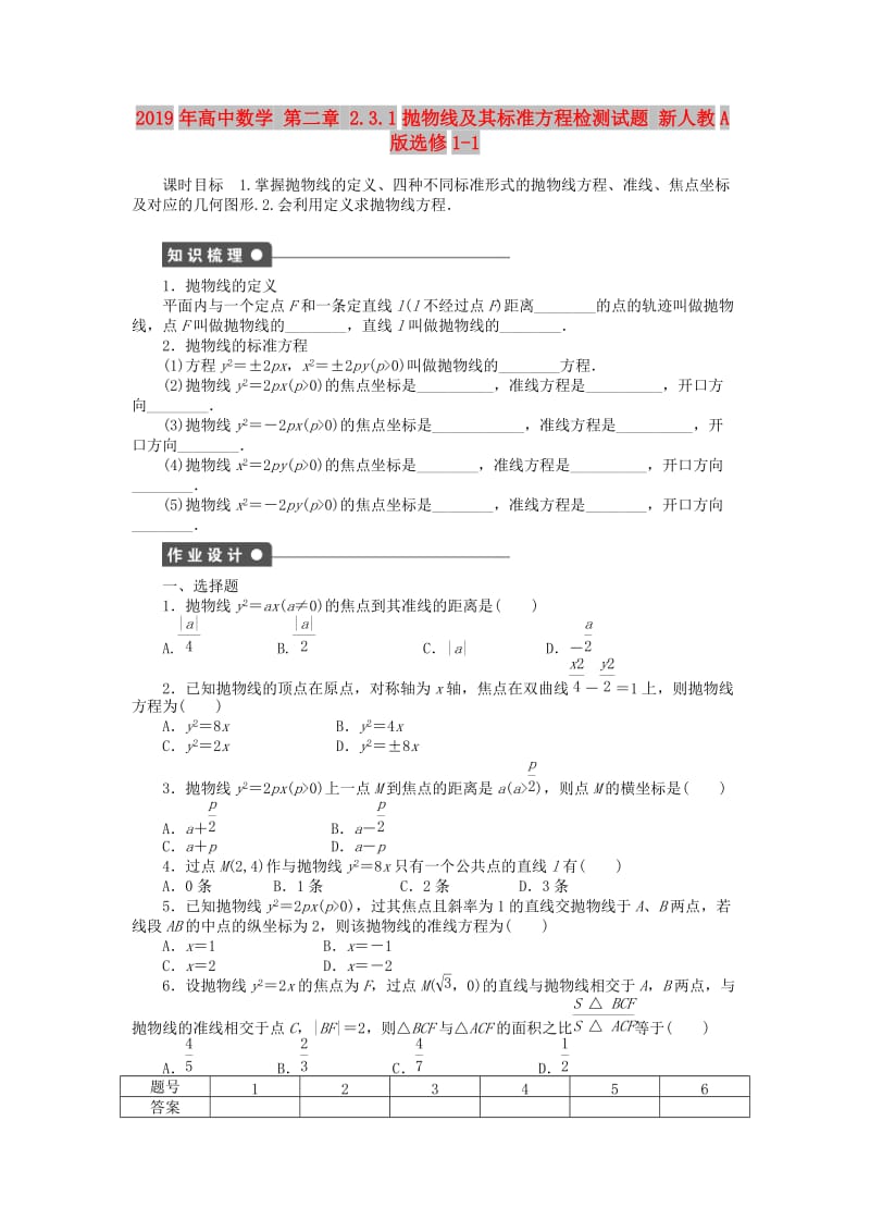 2019年高中数学 第二章 2.3.1抛物线及其标准方程检测试题 新人教A版选修1-1.doc_第1页