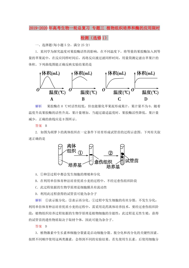 2019-2020年高考生物一轮总复习 专题三 植物组织培养和酶的应用限时检测（选修1）.doc_第1页