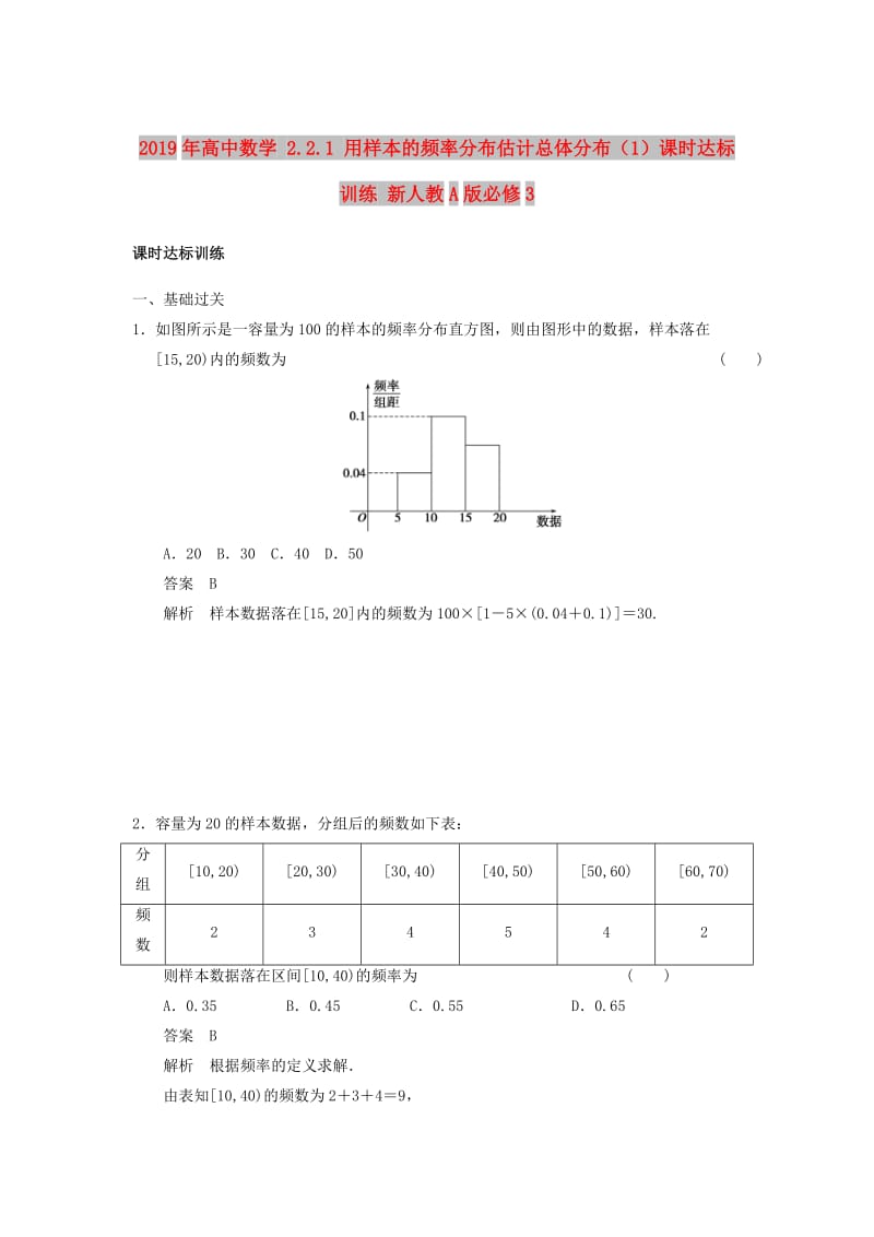 2019年高中数学 2.2.1 用样本的频率分布估计总体分布（1）课时达标训练 新人教A版必修3.doc_第1页