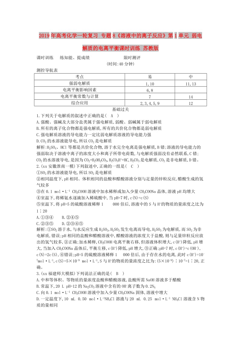 2019年高考化学一轮复习 专题8《溶液中的离子反应》第1单元 弱电解质的电离平衡课时训练 苏教版.doc_第1页