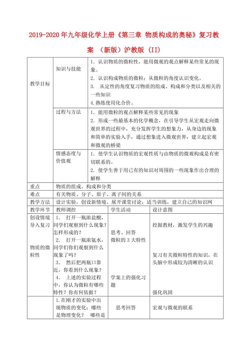 2019-2020年九年级化学上册《第三章 物质构成的奥秘》复习教案 （新版）沪教版 (II).doc_第1页