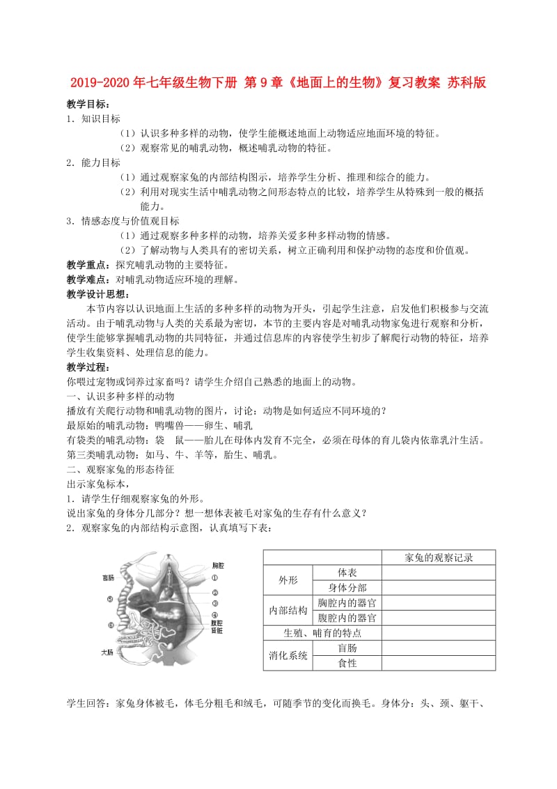 2019-2020年七年级生物下册 第9章《地面上的生物》复习教案 苏科版.doc_第1页