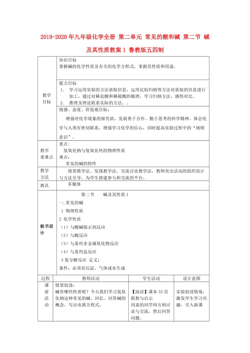 2019-2020年九年级化学全册 第二单元 常见的酸和碱 第二节 碱及其性质教案1 鲁教版五四制.doc_第1页