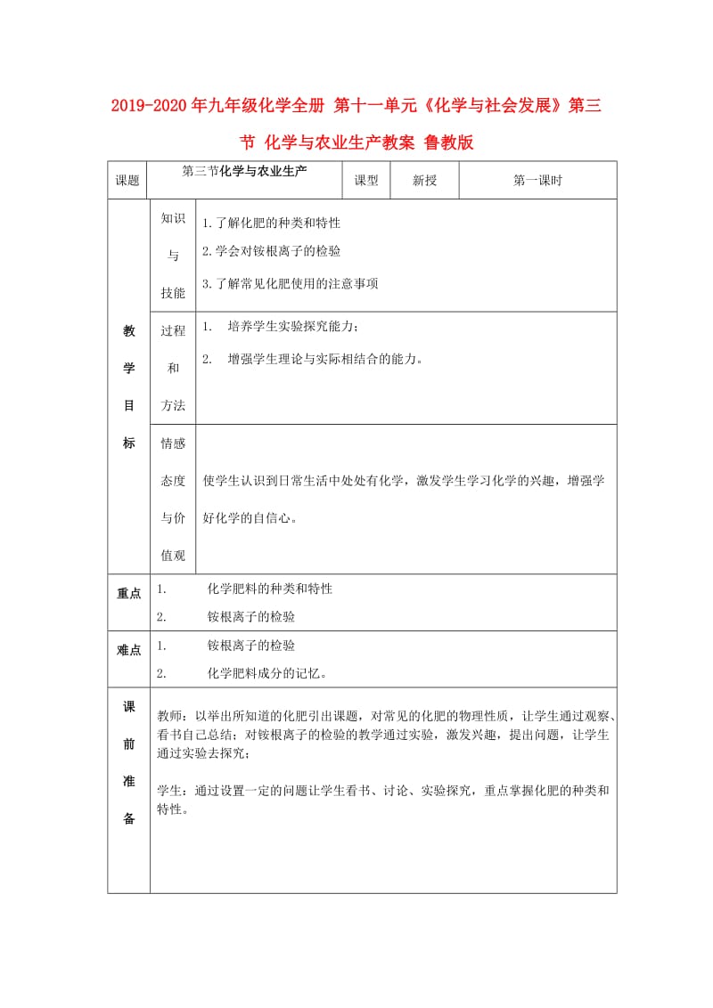 2019-2020年九年级化学全册 第十一单元《化学与社会发展》第三节 化学与农业生产教案 鲁教版.doc_第1页