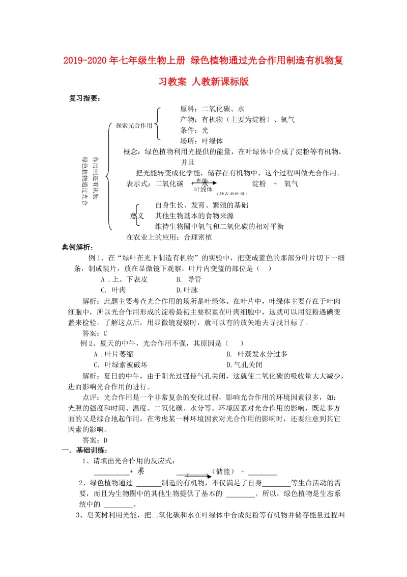 2019-2020年七年级生物上册 绿色植物通过光合作用制造有机物复习教案 人教新课标版.doc_第1页