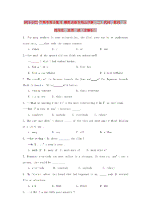 2019-2020年高考英語復習 模擬訓練專項及詳解（二）代詞、數(shù)詞、it的用法、主謂一致（含解析）.doc