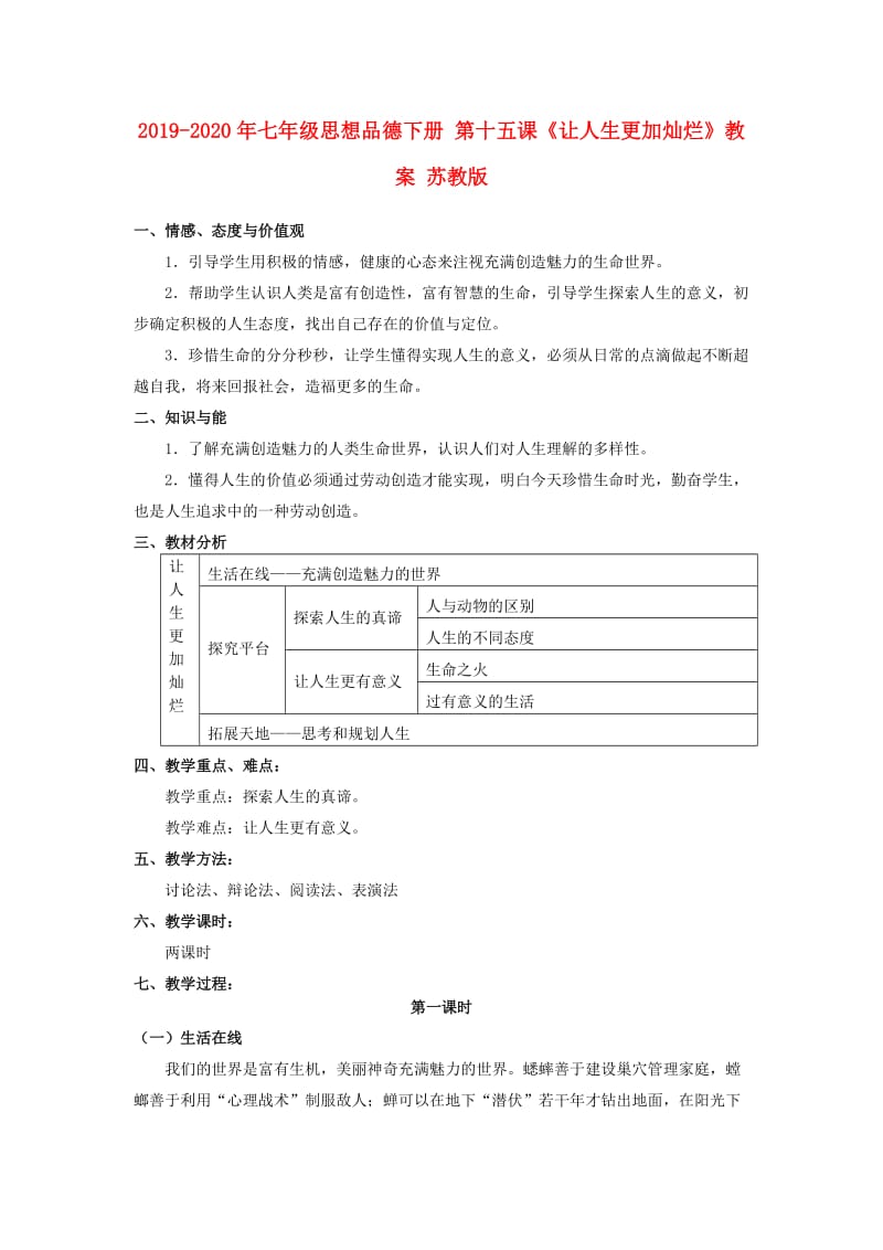 2019-2020年七年级思想品德下册 第十五课《让人生更加灿烂》教案 苏教版.doc_第1页