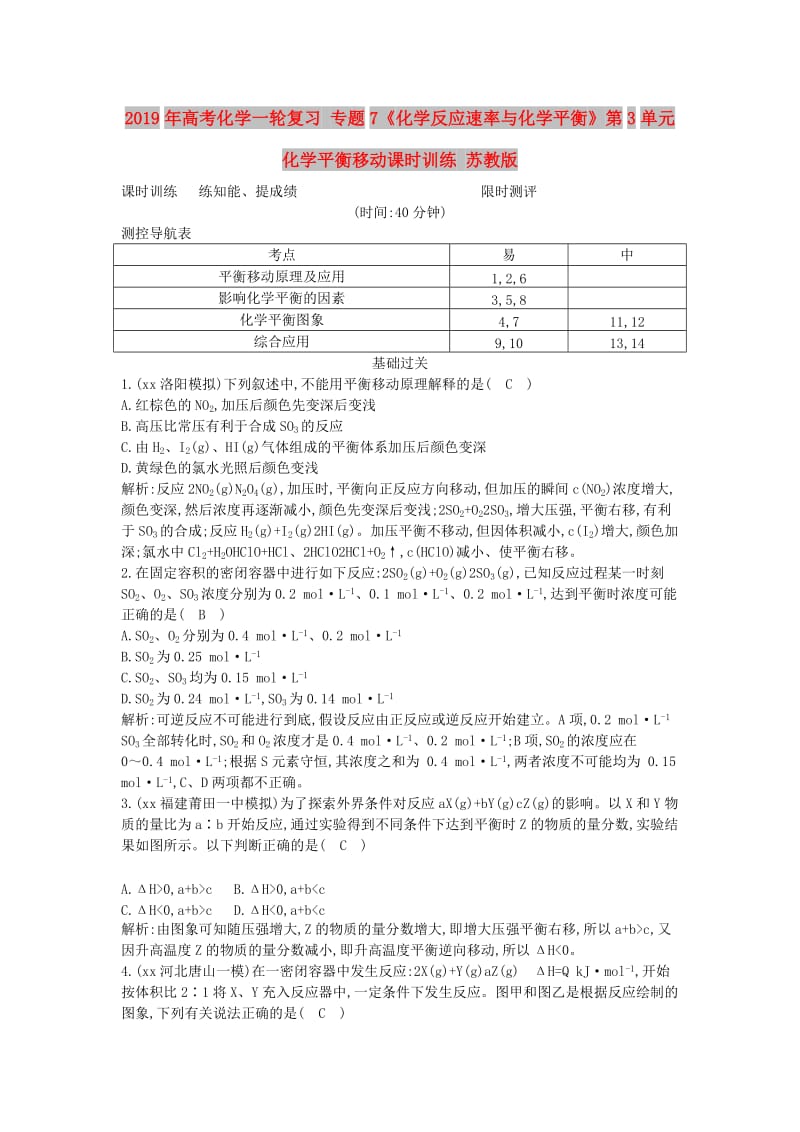 2019年高考化学一轮复习 专题7《化学反应速率与化学平衡》第3单元 化学平衡移动课时训练 苏教版.doc_第1页