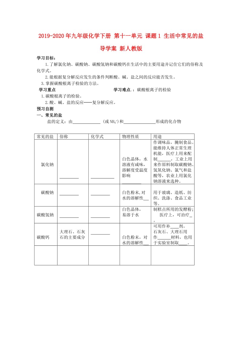 2019-2020年九年级化学下册 第十一单元 课题1 生活中常见的盐导学案 新人教版.doc_第1页