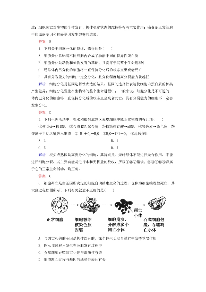 2019-2020年高考生物总复习 4.13细胞的分化、衰老、凋亡与癌变计时双基练 新人教版必修1.doc_第2页