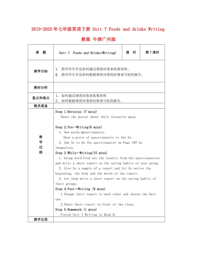 2019-2020年七年级英语下册 Unit 7 Foods and drinks Writing教案 牛津广州版.doc_第1页