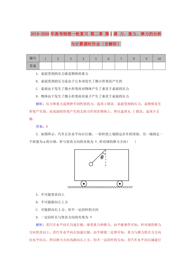 2019-2020年高考物理一轮复习 第二章 第1课 力、重力、弹力的分析与计算课时作业（含解析）.doc_第1页