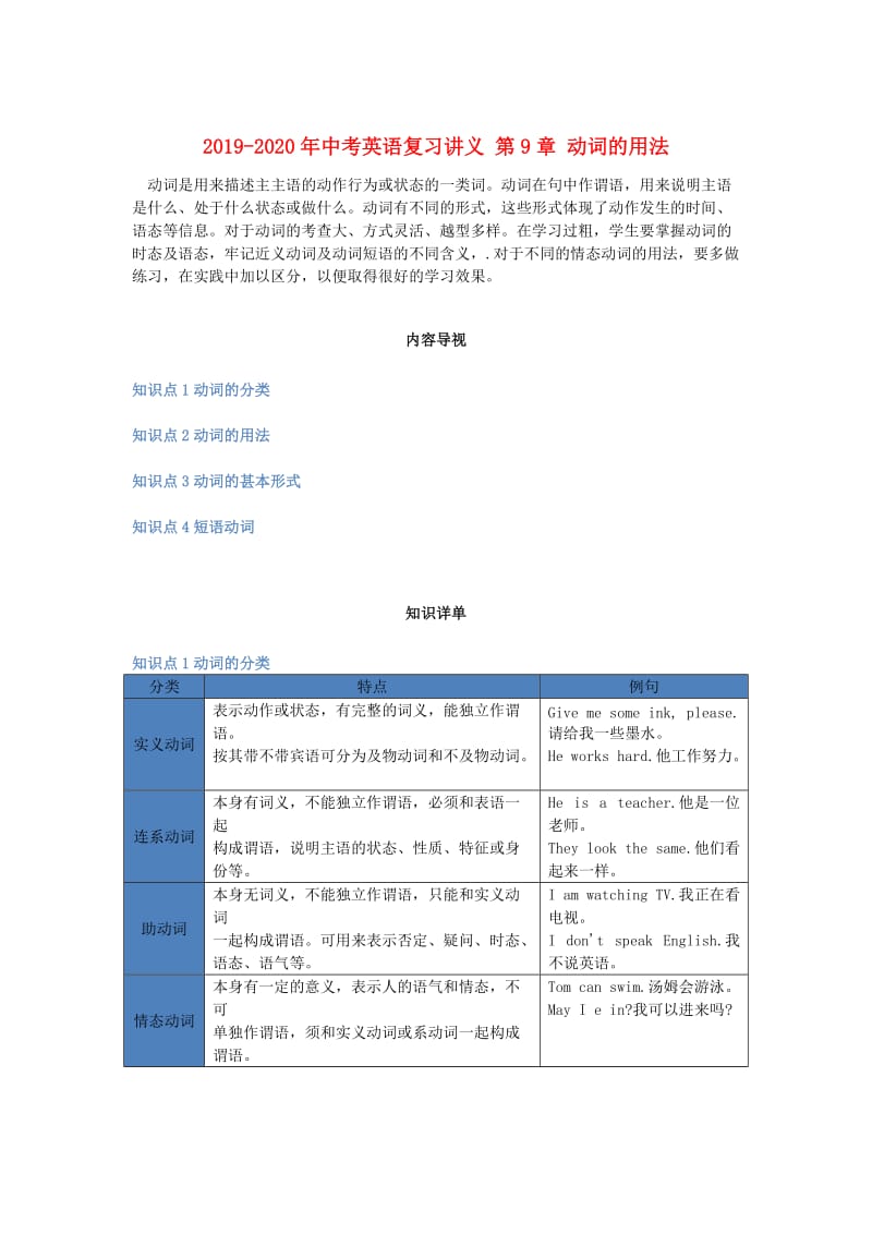 2019-2020年中考英语复习讲义 第9章 动词的用法.doc_第1页