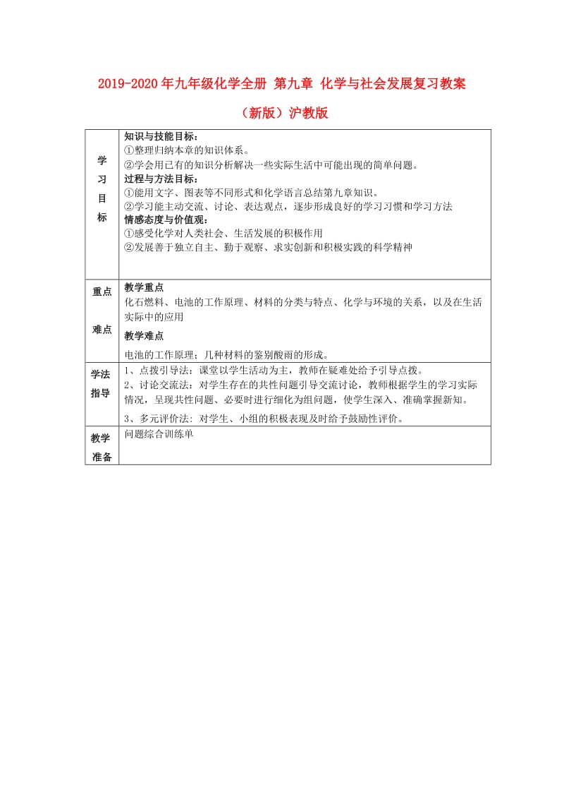 2019-2020年九年级化学全册 第九章 化学与社会发展复习教案 （新版）沪教版.doc_第1页