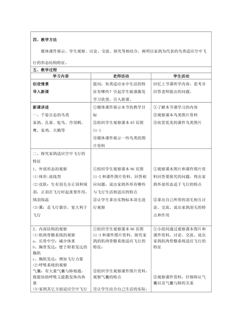 2019-2020年七年级生物下册 第12章 空中的生物 第1节 鸟类教案 苏科版.doc_第3页