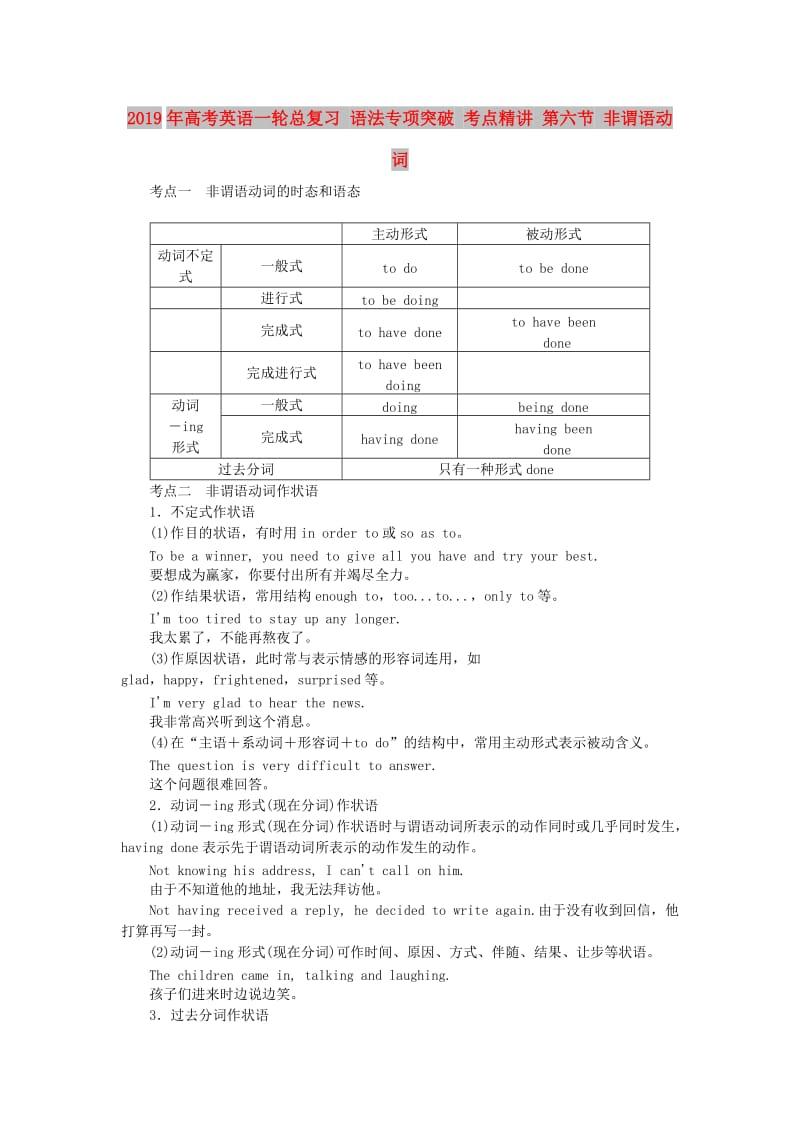 2019年高考英语一轮总复习 语法专项突破 考点精讲 第六节 非谓语动词.doc_第1页