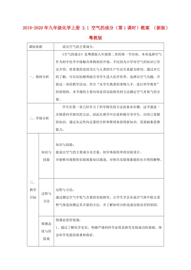 2019-2020年九年级化学上册 2.1 空气的成分（第1课时）教案 （新版）粤教版.doc_第1页