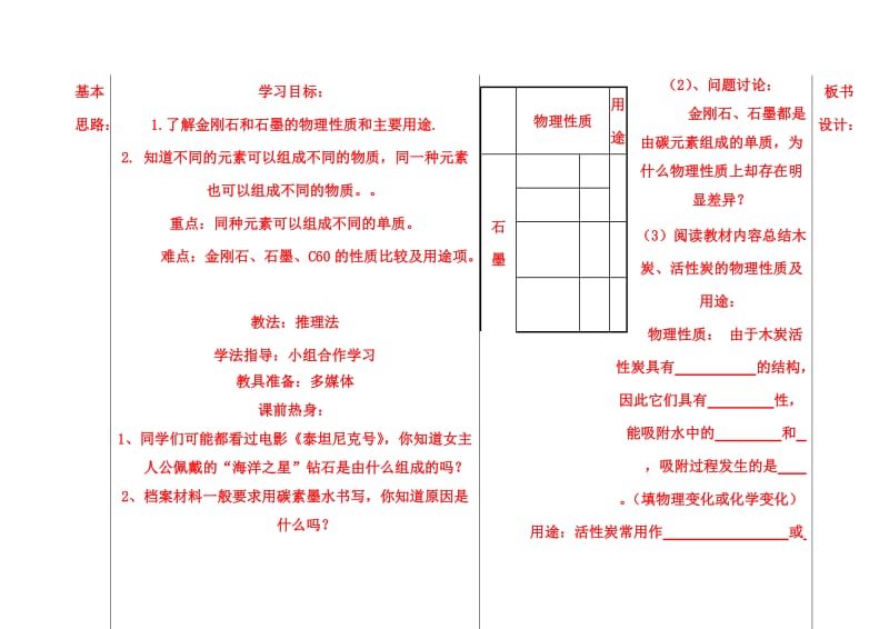 2019-2020年九年级化学上册 6.1 金刚石、石墨和C60学案1（新版）新人教版.doc_第2页