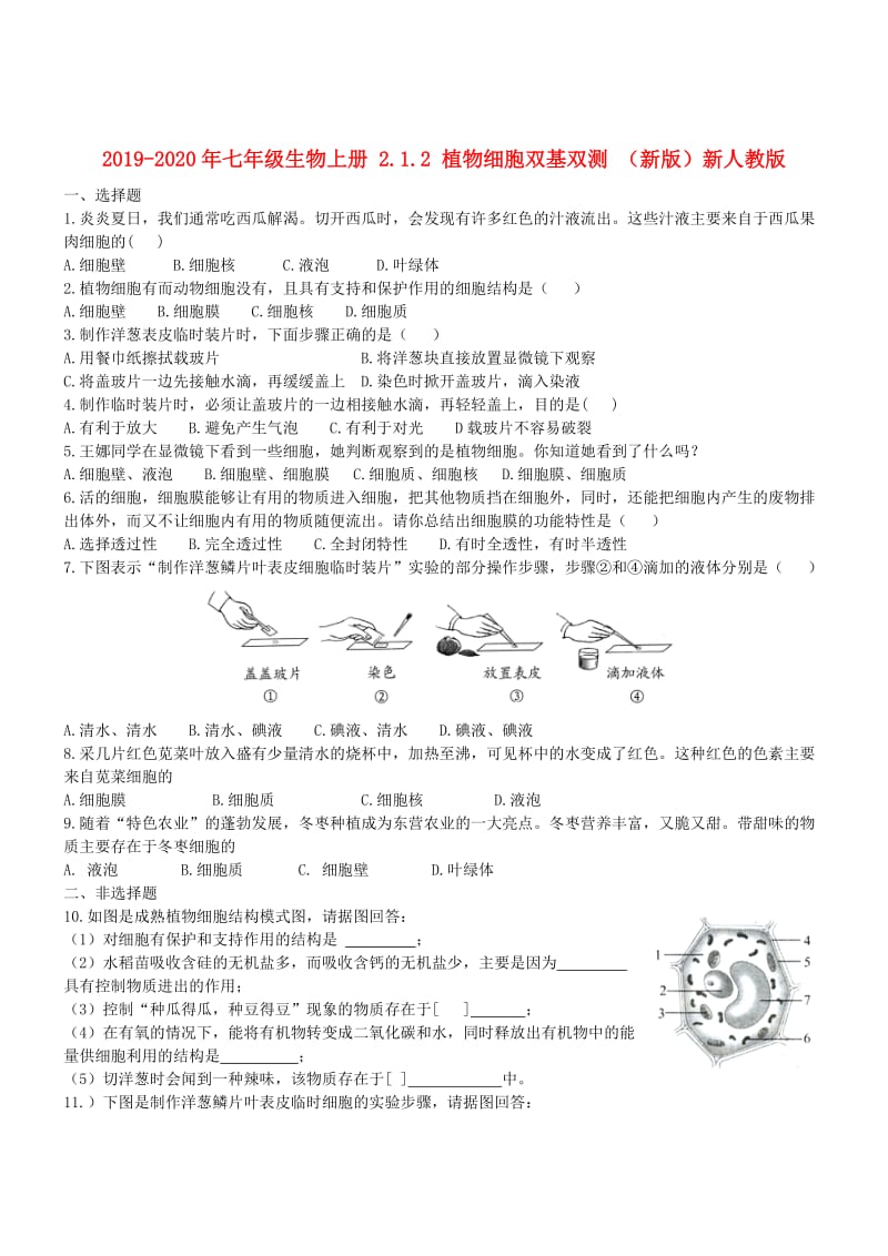 2019-2020年七年级生物上册 2.1.2 植物细胞双基双测 （新版）新人教版.doc_第1页