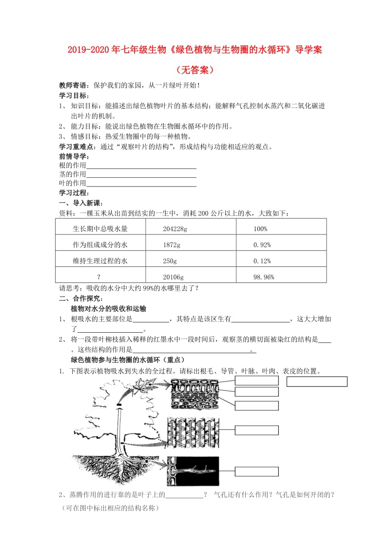 2019-2020年七年级生物《绿色植物与生物圈的水循环》导学案（无答案）.doc_第1页