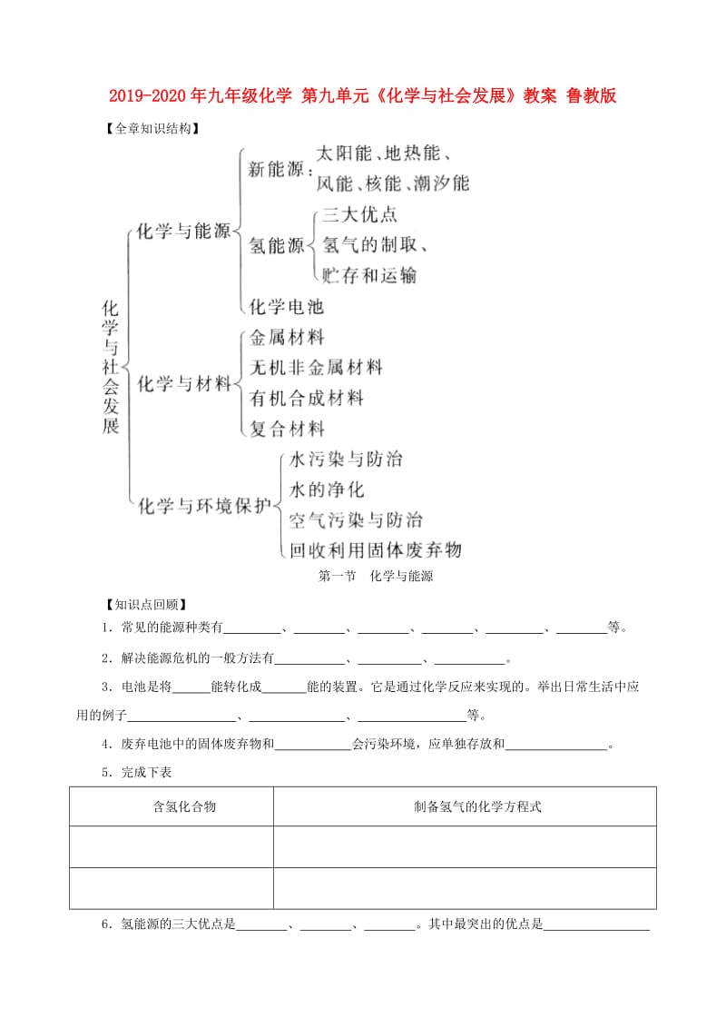 2019-2020年九年级化学 第九单元《化学与社会发展》教案 鲁教版.doc_第1页