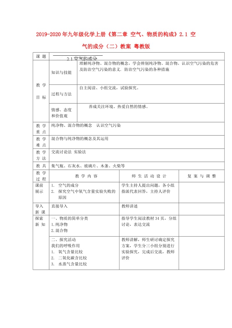 2019-2020年九年级化学上册《第二章 空气、物质的构成》2.1 空气的成分（二）教案 粤教版.doc_第1页