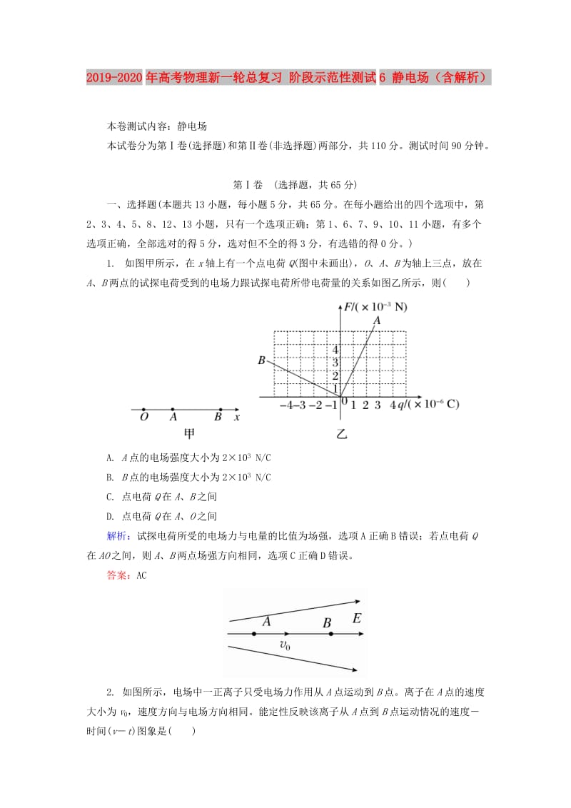 2019-2020年高考物理新一轮总复习 阶段示范性测试6 静电场（含解析）.doc_第1页