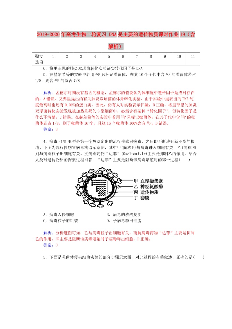 2019-2020年高考生物一轮复习 DNA是主要的遗传物质课时作业19（含解析）.doc_第1页