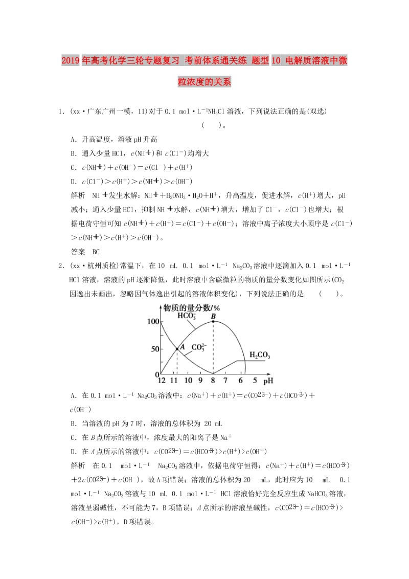 2019年高考化学三轮专题复习 考前体系通关练 题型10 电解质溶液中微粒浓度的关系.doc_第1页