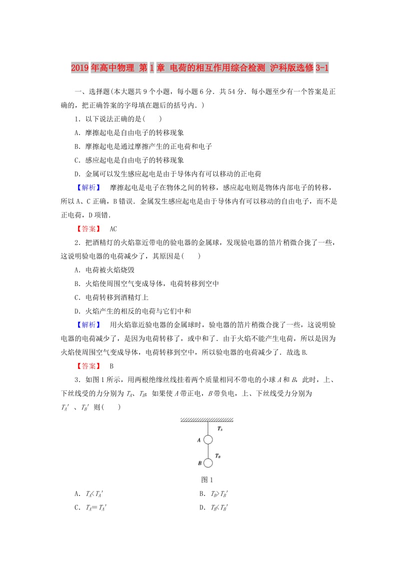 2019年高中物理 第1章 电荷的相互作用综合检测 沪科版选修3-1.doc_第1页