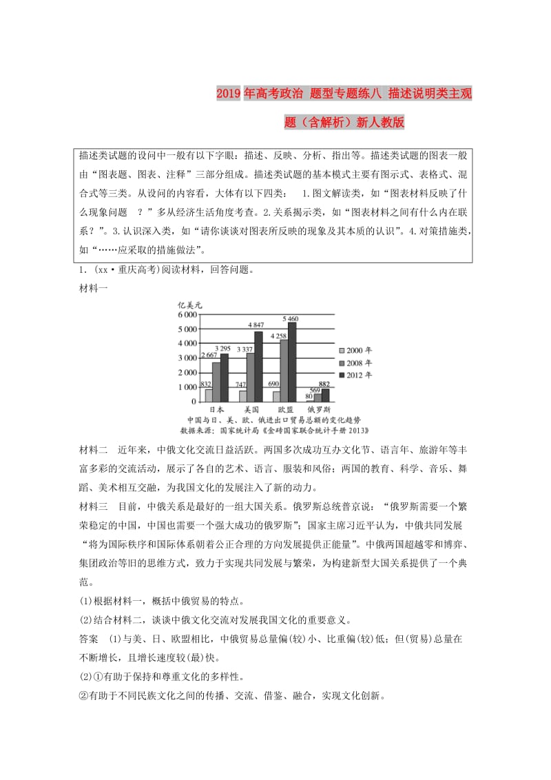 2019年高考政治 题型专题练八 描述说明类主观题（含解析）新人教版.doc_第1页