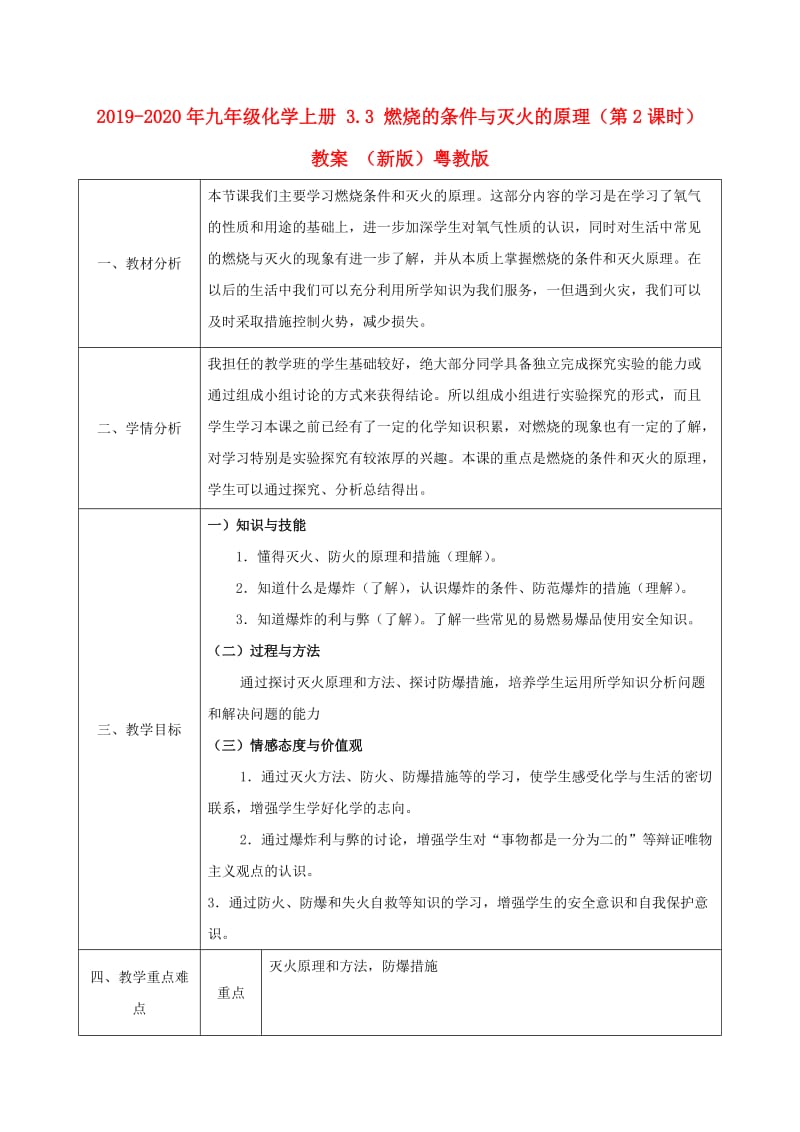 2019-2020年九年级化学上册 3.3 燃烧的条件与灭火的原理（第2课时）教案 （新版）粤教版.doc_第1页