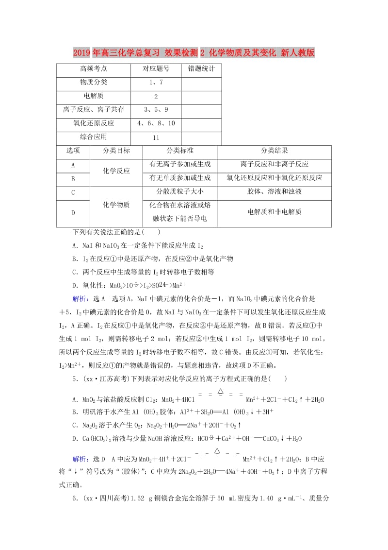 2019年高三化学总复习 效果检测2 化学物质及其变化 新人教版.doc_第1页