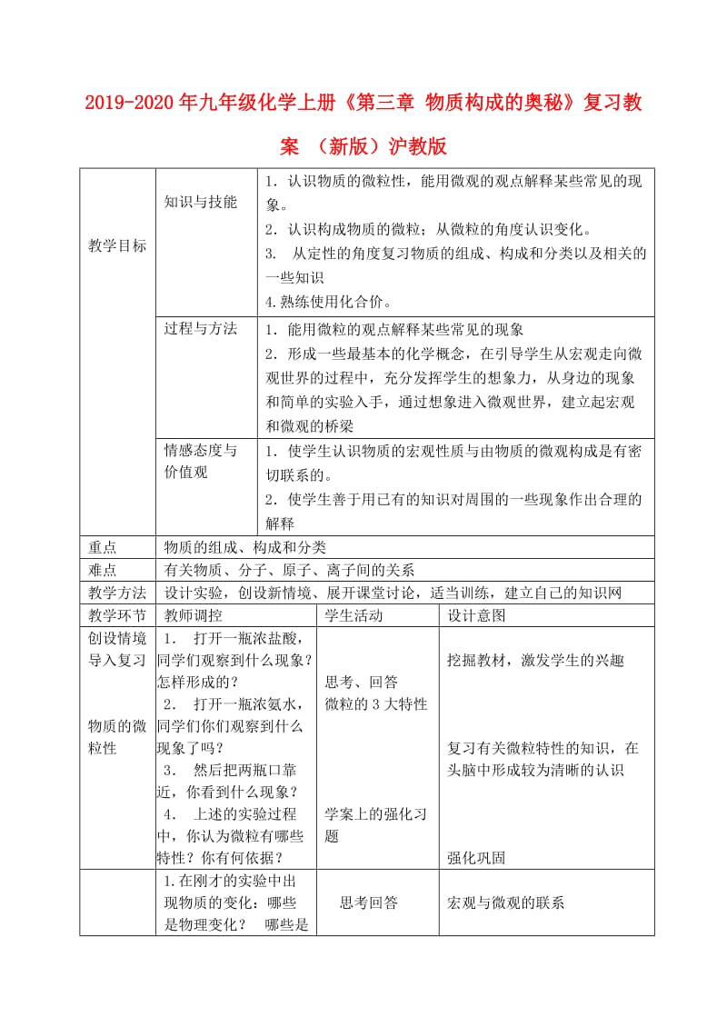 2019-2020年九年级化学上册《第三章 物质构成的奥秘》复习教案 （新版）沪教版.doc_第1页