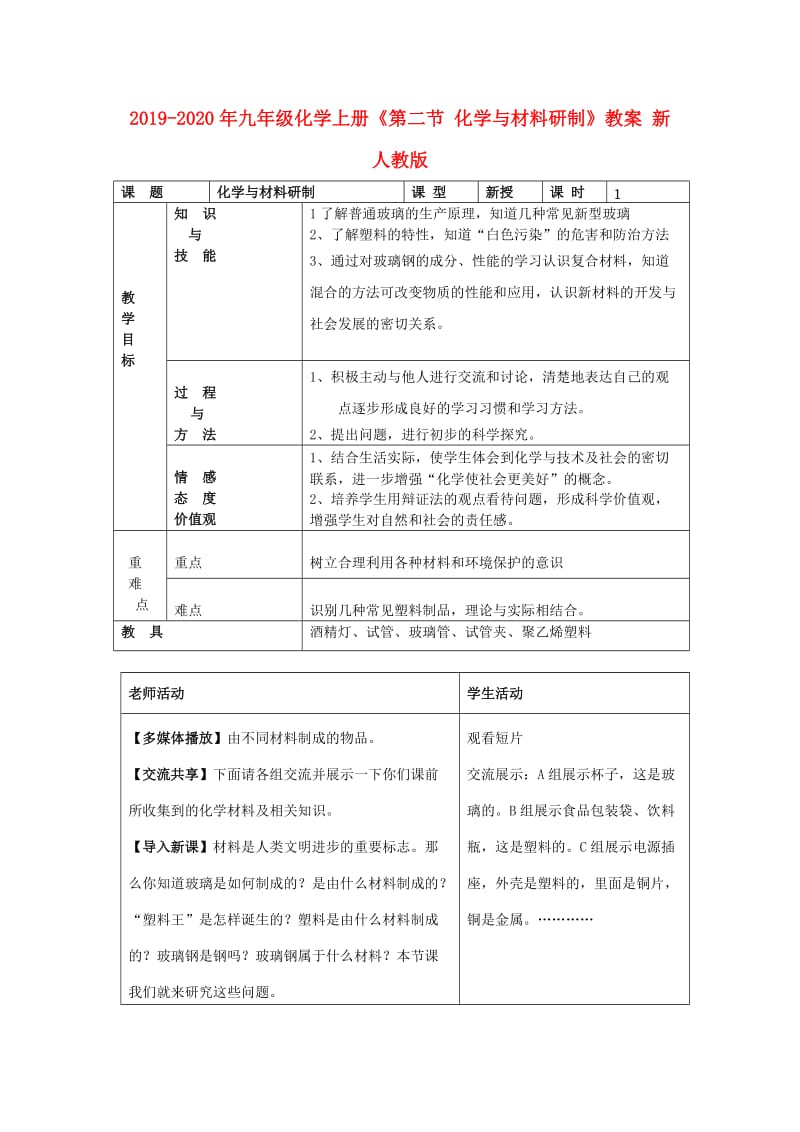 2019-2020年九年级化学上册《第二节 化学与材料研制》教案 新人教版.doc_第1页