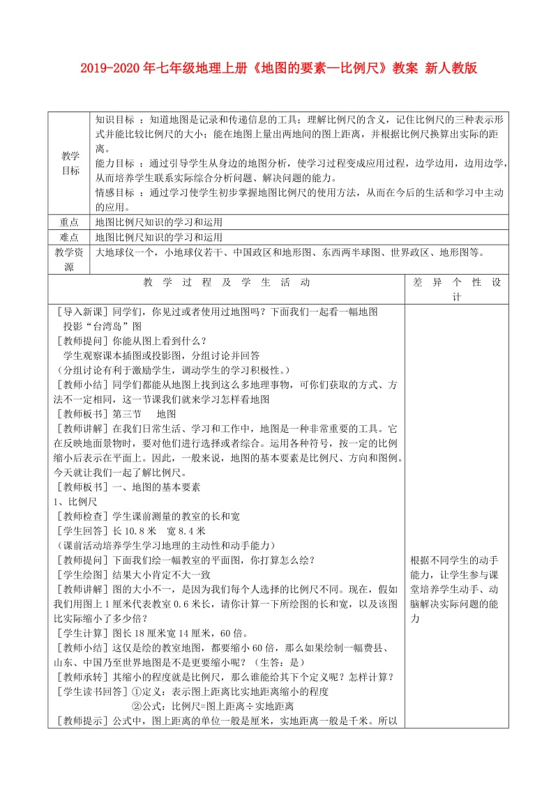 2019-2020年七年级地理上册《地图的要素—比例尺》教案 新人教版.doc_第1页