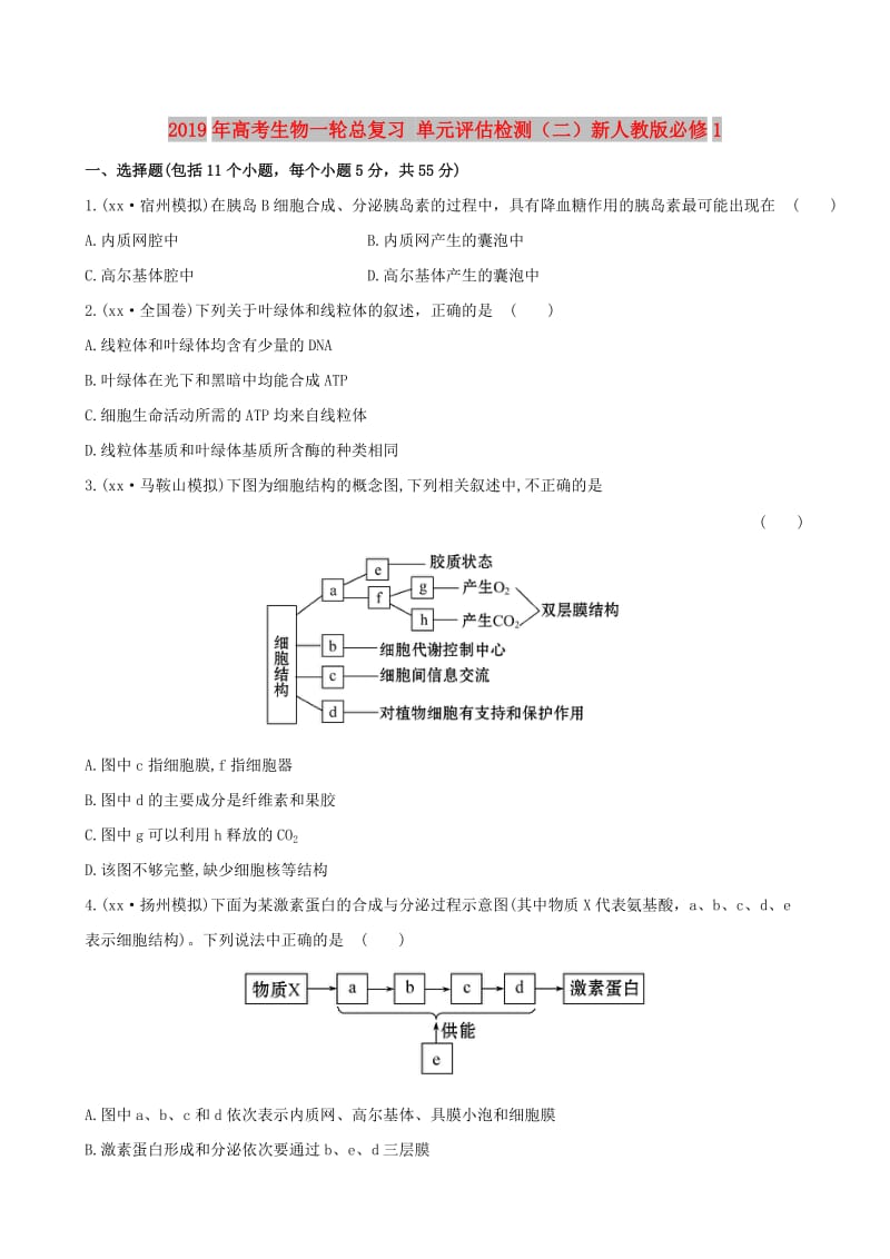 2019年高考生物一轮总复习 单元评估检测（二）新人教版必修1.doc_第1页