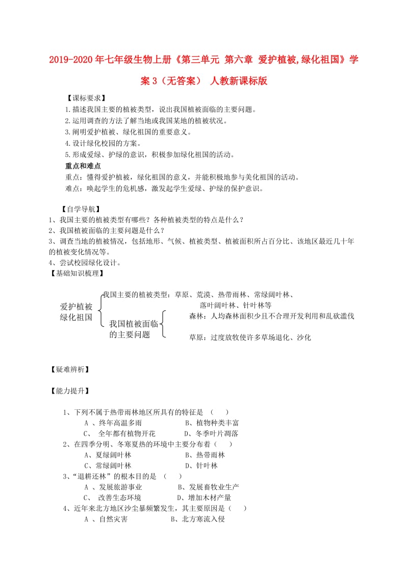 2019-2020年七年级生物上册《第三单元 第六章 爱护植被,绿化祖国》学案3（无答案） 人教新课标版.doc_第1页