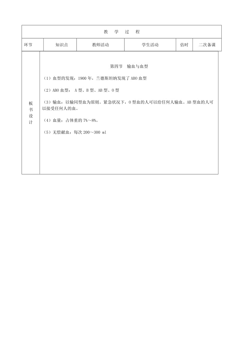 2019-2020年七年级生物下册第四单元第四章第四节输血与血型教案3新版新人教版.doc_第2页