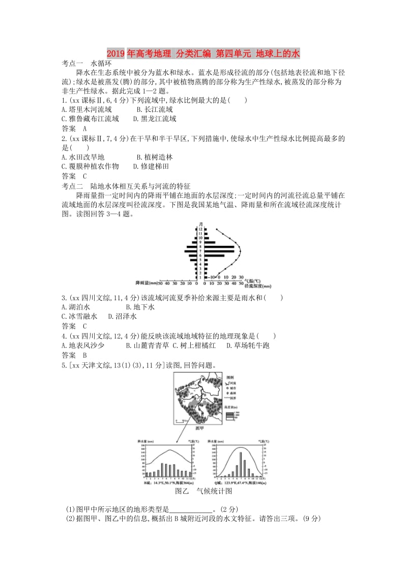 2019年高考地理 分类汇编 第四单元 地球上的水.doc_第1页