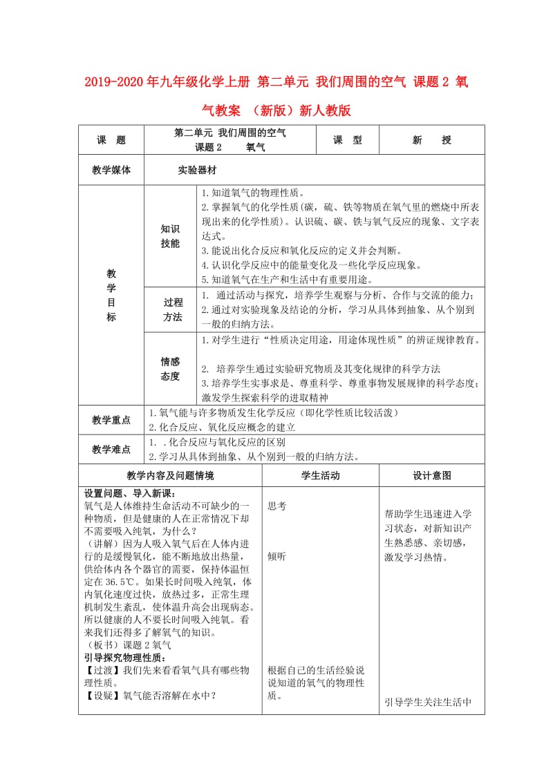 2019-2020年九年级化学上册 第二单元 我们周围的空气 课题2 氧气教案 （新版）新人教版.doc_第1页